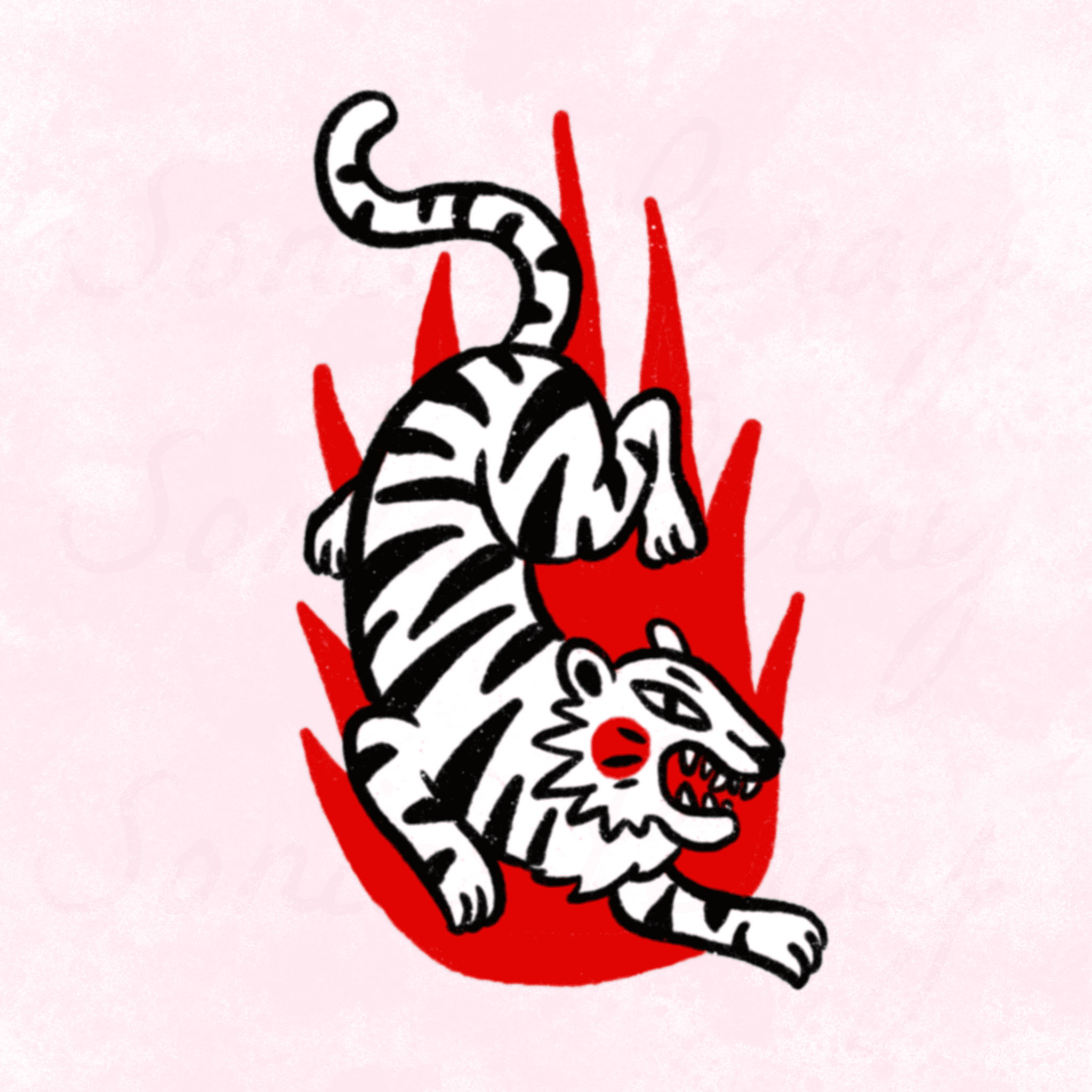 Flash tattoo d'un tigre avec un fond feu rouge